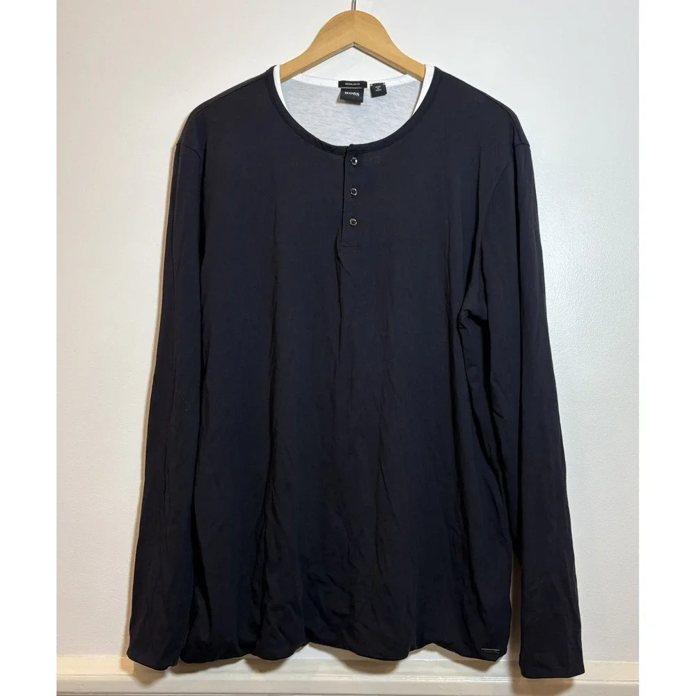 Hugo Boss Mens XXL Navy Blue Long Sleeve Henley Shirt Regular Fit Contrast Layer